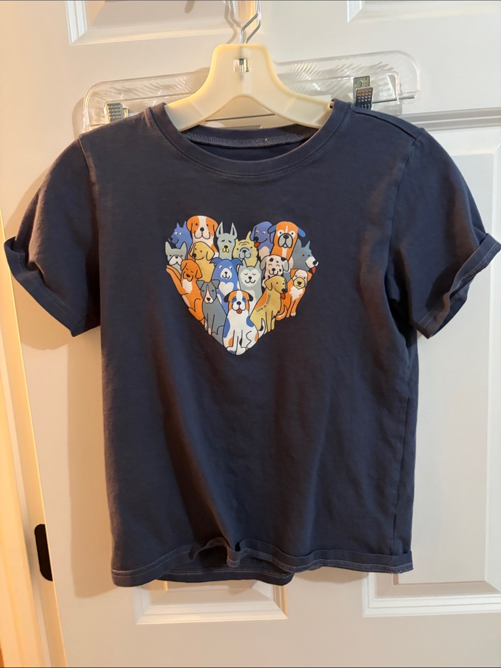 Life Is Good Navy Short Sleeve Tee with Multicolor Dog Heart Graphic